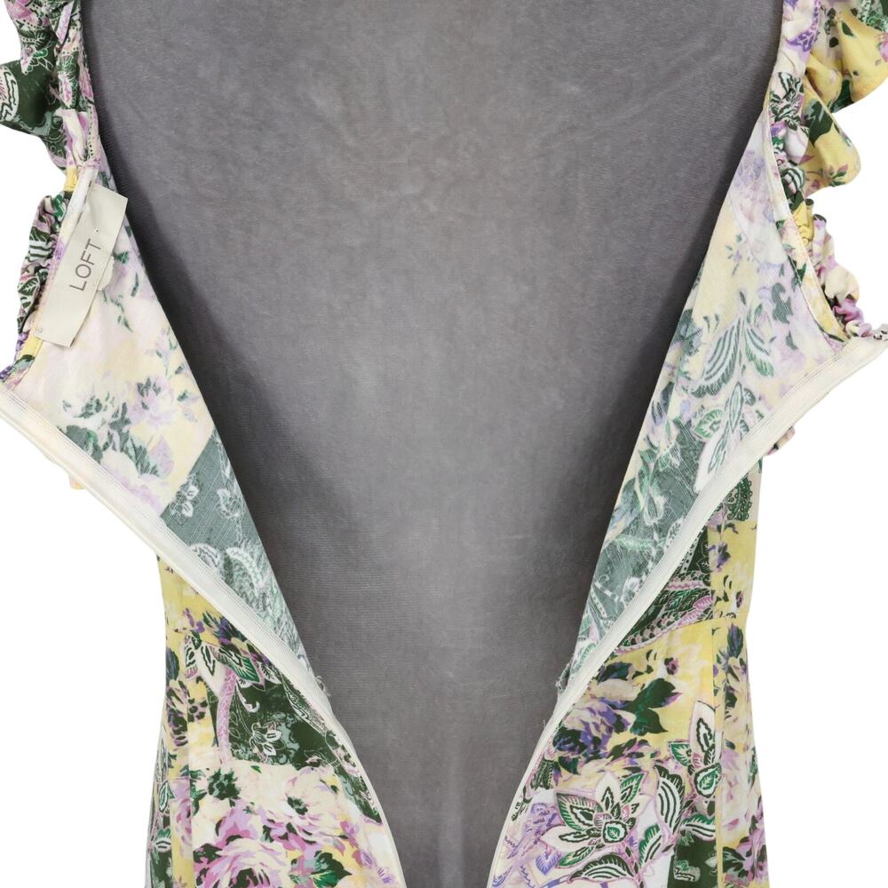 Loft Dress Womens Medium Green Yellow Floral Cotton Rayon Back Zip Ruffle Trim - Picture 10 of 13
